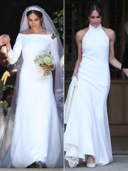 Dwie ślubne stylizacje Megan Markle w białych sukniach ślubnych